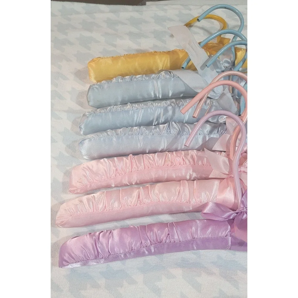 Vtg 7 Padded Satin Lingerie Hangers Pastel Pink Blue Lavender Yellow 15in